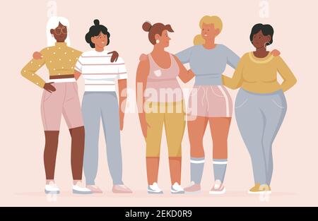 Women standing together vector illustration. Cartoon happy young woman friends characters in casual clothes smiling, girls hugging. Diverse positive female group, friendship and youth background Stock Vector