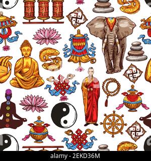 Buddhism religion vector seamless pattern background with oriental religious sacred symbols. Buddha, buddhist monk and yoga, lotus, yin yang and dharm Stock Vector