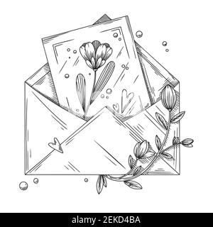 Envelope with postcard, flowers and hearts. Holiday package. Vector illustration in sketch style. Stock Vector
