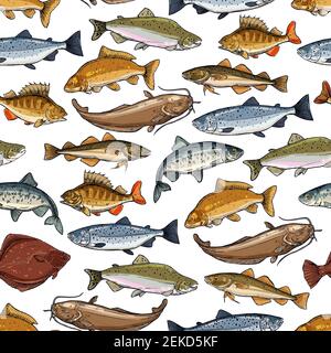 Fish seamless pattern with sea and river animal vector background. Marine salmon, tuna and ocean perch, carp, trout and herring, anchovy, mackerel and Stock Vector
