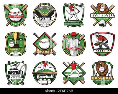 Baseball sport badges with vector players, balls and bats, winner trophy cups and stadium play fields, catcher gloves, helmet and leg guards. Baseball Stock Vector