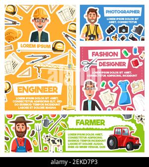 Professions and occupations of building engineer, farmer, photographer and fashion designer vector design. Man workers of construction, craft and agri Stock Vector