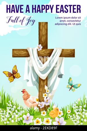 Easter cross with spring flower greeting card. Christian religion crucifix on sunny meadow with chicken, chick and butterfly, daffodil, lily and crocu Stock Vector