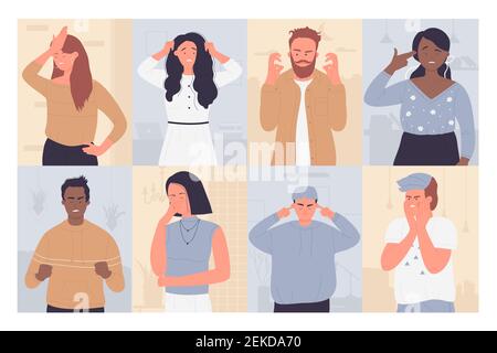 Upset annoyed people vector illustration set. Cartoon sad unhappy disappointed adult characters in bad failure situation, with face palm gesture, touch head in headache, disappointment or shame Stock Vector