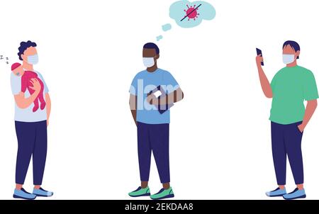 Patients in medical masks flat color vector faceless character set Stock Vector