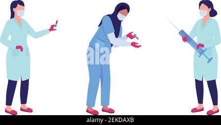 Women doctors with syringes flat color vector faceless character set Stock Vector