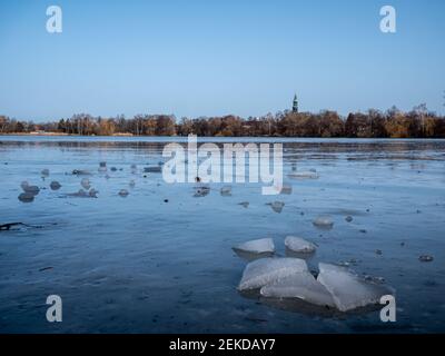 Beware of the risk of ice breaking on the lake Stock Photo