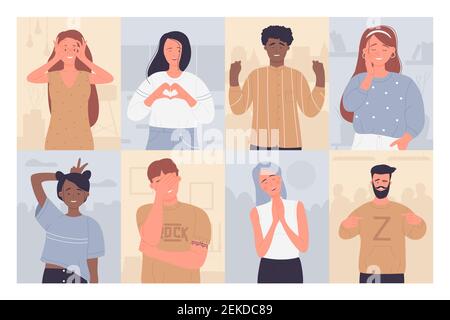 Fun people vector illustration set. Cartoon happy man woman characters smiling, gesturing with fingers hands, positive persons touching face or pointing, creative portraits background collection Stock Vector