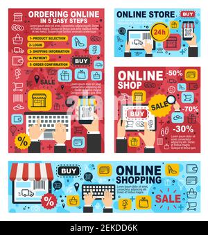 Online shopping and internet business vector concept of buy and order products with mobile phone app, laptop and tablet computer. Web store, money and Stock Vector