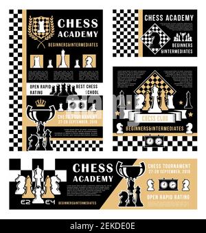 Chess sport board game vector design of pieces and winner trophy cups. Chessbords with black and white pawns, knights and rooks, queens, bishops and k Stock Vector