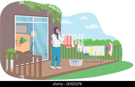 Muslim woman drying laundry outside 2D vector web banner, poster Stock Vector