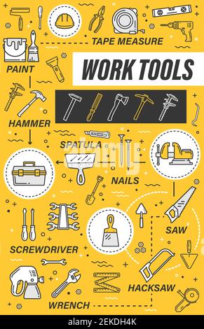 Work tools of construction, house repair and interior design vector design. Hammer, screwdriver and paint, brush, wrench and spatula, pliers, tape mea Stock Vector