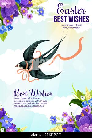 Easter Holiday greeting card with spring bird and flower corner. Swallow bird with red ribbon flying in blue sky festive banner, decorated with bloomi Stock Vector