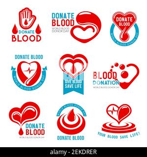 Blood donation and Donor Day icons for social responsibility and charity actions. Vector symbols set of heart and blood drop for World Donation day an Stock Vector