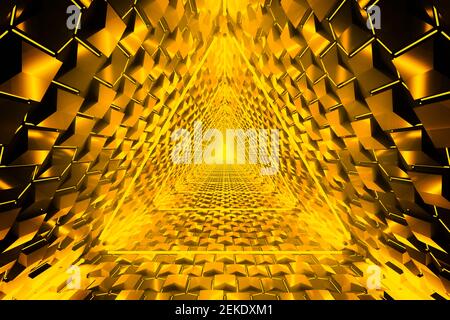 Gold neon triangle light effect with glowing lines. Futuristic abstract golden background texture with shining neon lighting portal. Stock Photo