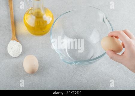 An empty glass plate with fresh chicken fresh eggs Stock Photo