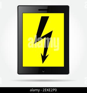 Black tablet with the image of black lightning on a yellow background of the monitor. The sign of the electric voltage. Safety and maintenance of Stock Vector