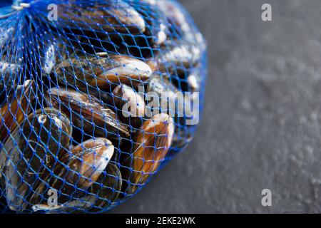 Raw, uncooked Scottish rope grown mussels bought from a Waitrose supermarket. Brexit on January 31 2020 caused disruption to some of the UK’s shellfis Stock Photo