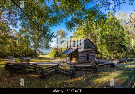 Log cabin in forest, John Oliver Place, Cades Cove, Great Smoky Mountains National Park, Tennessee, USA Stock Photo
