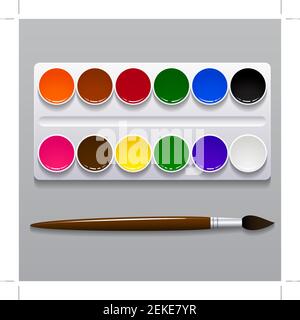 Watercolor paints in a box with a brush. Stock Vector
