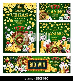 Casino, gambling game roulette and poker playing cards, dice, chips and golden coins, slot machine 777 and marquee board 3d vector. Entertainment, gam Stock Vector
