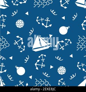 Boats, anchors, buoys vector seamless pattern background. Blue white backdrop with yachts, sailing equipment, scribbled abstract wavy lines and shapes Stock Vector