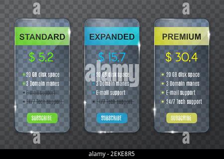 Subscription plan price table, website price comparison and purchase options. Vector transparent subscription plan columns Standard, Expanded and Prem Stock Vector