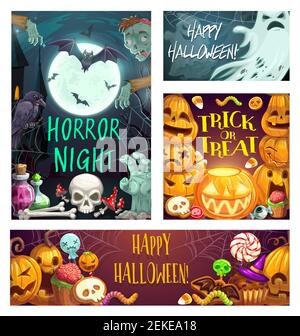 Happy halloween party, horror night, trick or treat. Vector full moon and flying bats, zombies, skulls and bones. Horrible ghosts, pumpkins and sweets Stock Vector