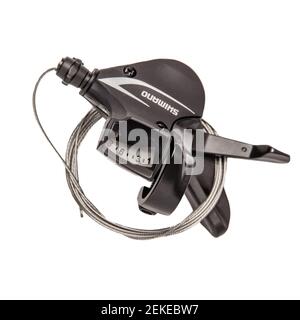 Krasnodar, Russia - February 12, 2021: Shimano Acera 8-speed Bicycle Rear Derailleur Isolated on White Background Stock Photo