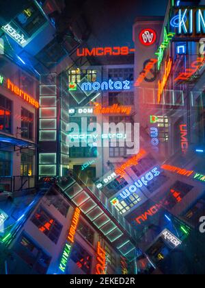Wroclaw, Poland - March 5 2020 Neon square reflected in prismatic cube Stock Photo