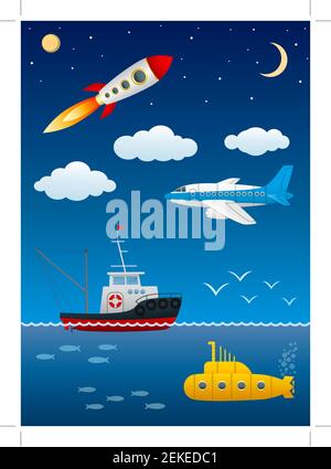 Modern modes of transport. Moving in various environments. Science and technology. Vector Image. Stock Vector