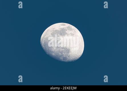 Stunning close up view of a crescent moon with detailed craters during daylight. Dark blue sky with copy space. Stock Photo