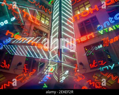 Wroclaw, Poland - March 5 2020 Neon square reflected in prismatic cube Stock Photo