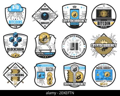 Cryptocurrency blockchain, bitcoin mining farm and digital wallet icons. Vector crypto currency network technology, autonomic mining systems and innov Stock Vector