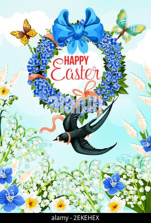 Happy Easter greeting card with spring holiday flower wreath. Flower field with daffodil, lily of the valley and forget-me-not floral banner, adorned Stock Vector