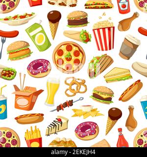 Fastfood meals vector seamless pattern. Pizza and popcorn, doner and taco, chicken and burger, onion rings, beer, french fries and nachos. Cheesecake Stock Vector