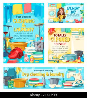 Home cleaning and house service in floor mopping and laundry washing. Vector housewife with laundry detergents, vacuum cleaner and sewing machine, iro Stock Vector