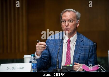 Washington, United States Of America. 23rd Feb, 2021. Dr. Eric E. Schmidt, Co-Founder, Schmidt Futures, responds to questions during a Senate Committee on Armed Services hearing to examine emerging technologies and their impact on national security, in the Dirksen Senate Office Building in Washington, DC, Tuesday, February 23, 2021. Credit: Rod Lamkey/CNP | usage worldwide Credit: dpa/Alamy Live News Stock Photo