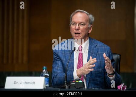 Dr. Eric E. Schmidt, Co-Founder, Schmidt Futures, responds to questions during a Senate Committee on Armed Services hearing to examine emerging technologies and their impact on national security, in the Dirksen Senate Office Building in Washington, DC, Tuesday, February 23, 2021. Credit: Rod Lamkey / CNP | usage worldwide Stock Photo