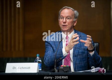 Dr. Eric E. Schmidt, Co-Founder, Schmidt Futures, responds to questions during a Senate Committee on Armed Services hearing to examine emerging technologies and their impact on national security, in the Dirksen Senate Office Building in Washington, DC, Tuesday, February 23, 2021. Credit: Rod Lamkey / CNP | usage worldwide Stock Photo