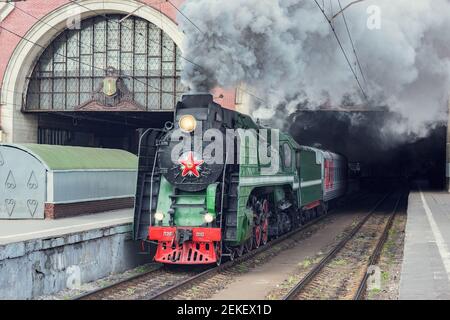 Moscow, Russia - May 25, 2019: Steam retro train departs from the Kazan railway station. Stock Photo