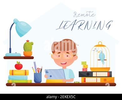Boy with tablet sitting by the table. Online learning. Remote learning concept. vector illustration. Stock Vector