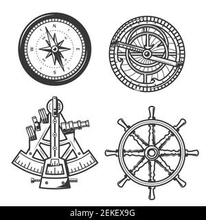 Ship helm, sail compass and sextant, seafarer marine navigation equipment. Vector icons of compass navigator with Winds Rose arrows and nautical astro Stock Vector