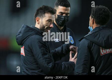 Derby, UK. 23rd Feb, 2021. Carlos Corberán manager of Huddersfield Town talks tactics in Derby, UK on 2/23/2021. (Photo by Mark Cosgrove/News Images/Sipa USA) Credit: Sipa USA/Alamy Live News Stock Photo