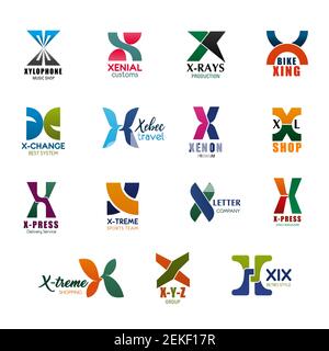 Letter X icons for business. Xylophone and xenial, x-ray and xing, x-change and xebec, xenon and XL shop, x-press and x-treme, X Y Z group and XIX ret Stock Vector