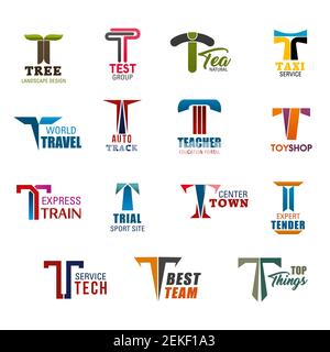 Letter T corporate identity icons for business industries. Tree and test group, tea and taxi, travel and track, teacher and toy shop, train and trial. Stock Vector