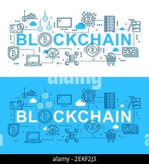 Blockchain digital technology and bitcoin cryptocurrency mining. Vector thin line block chain network, bit coin money wallet and crypto currency trans Stock Vector
