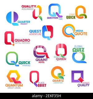 Corporate identity letter Q business icons. Assurance and sport, finance and travel, media and transport, recreation and beauty, banking and science. Stock Vector