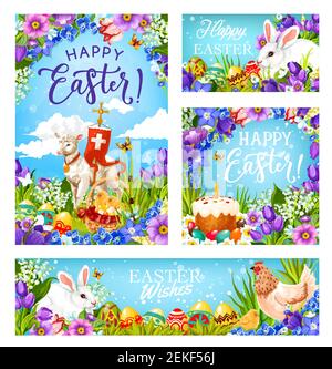 Happy Easter greetings, Christian religious holiday. Vector Easter hunt eggs, rabbit in flowers and lamb with paschal Crucifix cross flag, Easter brea Stock Vector
