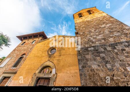 Street square with low angle view of Cattedrale di San Secondiano church in small town village of Chiusi, Italy in Tuscany entrance exterior Stock Photo